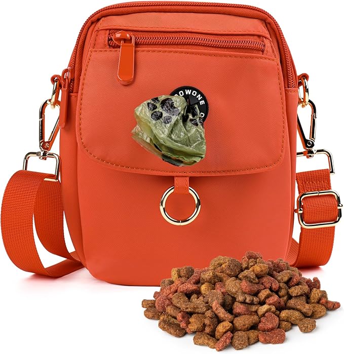 Dog Walking Bag Crossbody Waterproof & Lightweight Treat Pouch for Pet Training, Puppy Treat Tote, Dog Mom Purse (Orange 1.0)