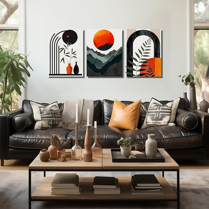 DNIEOTU Bohemian Wall Art for Living Room, Boho Geometric Shapes Canvas Wall-Decor for Bedroom, Minimalist Mountain and Moon Picture Prints, Size 16 x 24 Inches 3-Pieces
