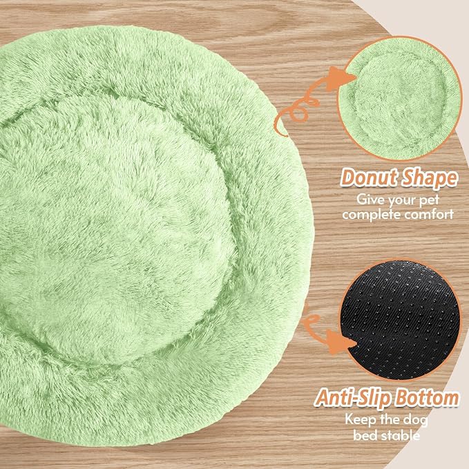 JOLLYVOGUE Calming Dog Bed for Small Dogs - 23 inches Donut Washable Small Dog Bed for Kittens & Puppies, Anti-Slip Round Fluffy Plush Faux Fur Cat Beds (Fits up to 25 lbs Pets, Light Green)