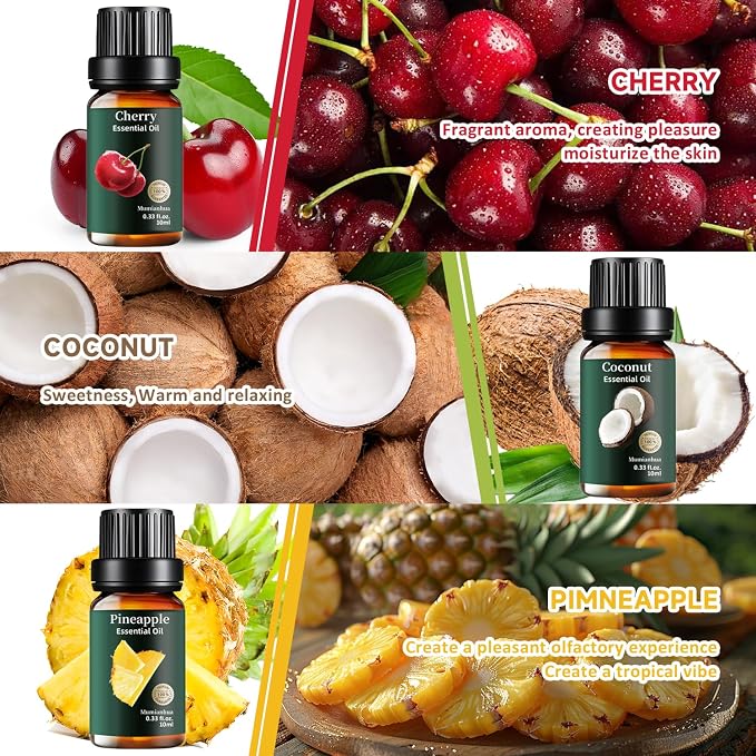 Fruity Essential Oil Set 12x10ml, Pure Lemon Grapefruit Orange Bergamot Pineapple Coconut Mango Pomegranate Blueberry Fig Lychee Cherry, Aromatherapy for Candle & Soap Making, Home Freshener
