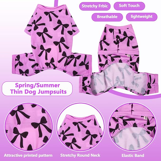 Dog Pajamas Summer Cute Print Puppy Jumpsuit Thin Dog Onesie Small Dog Clothes with Comfy & Elastic Frbic Puppy Pjs(Violet Bowknot, X-Small)