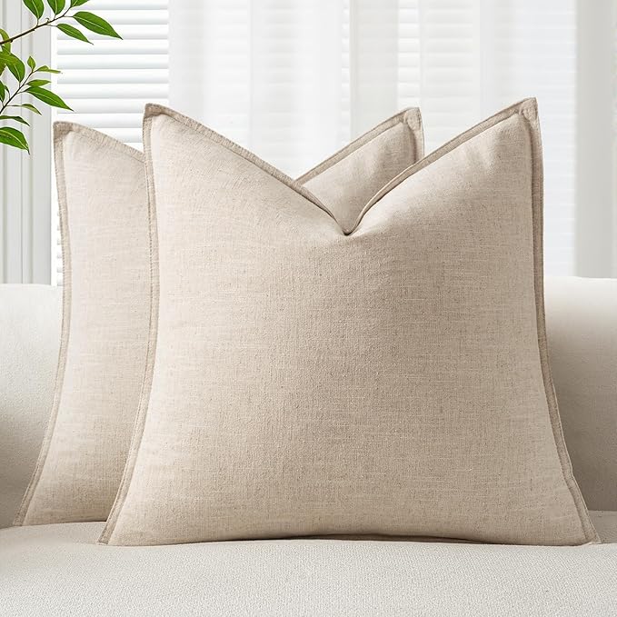 EMEMA Euro Sham Decorative Linen Throw Pillow Covers 22x22 Natural Beige | Boho Farmhouse Neutral Couch Throw Pillows for Bed Pack of 2 Accent Pillowcase Modern Sofa Cushion Livingroom Home Decor