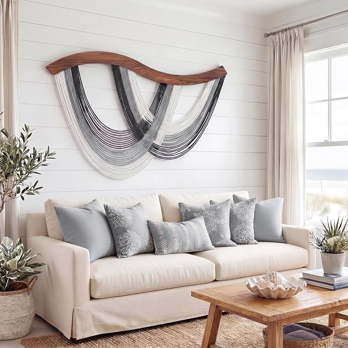 Neutral Grey Macrame Wall Hanging Dip Dyed Yarn Wall Art, Modern Boho Decor | Handmade Cotton Rope Tapestry for Bedroom, Living Room, Nursery, 31.5 x 23.6 Inch