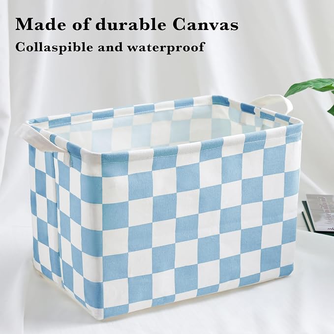 Ohocut Blue White Checkered Canvas Basket, Rectangular Organizing Decorative Storage Basket for Kids Dog Toy, Cute Aesthetic Race Cars Boy Room Decor for Home, Kitchen, Bedroom, Classroom, Shelves