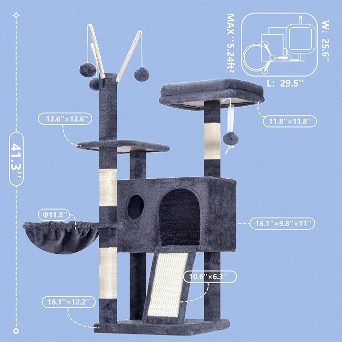 Hey-brother Cat Tree Tower with Removable Toys, Scratching Posts, MPJ008SG | 41.3 Inches Plush Cozy Condo with Platform, Hammock, Sisal Scratch Board and Ball for Indoor Cats, Smoky Gray