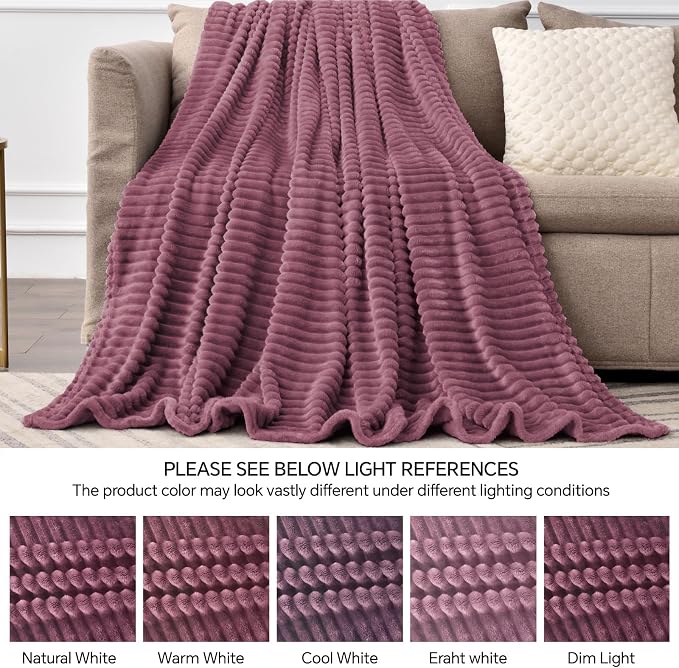 BEDELITE 3D Ribbed Jacquard Plum Fleece Twin Blanket for Bed, 60x80 Inch | Soft Warm Decorative Fluffy Blanket, Cozy Plush Lightweight Fuzzy Throw Blanket for Couch Sofa Room Decor, Gift for Women