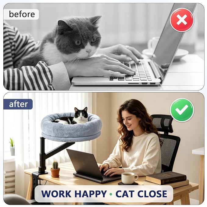 ANWA Cat Desk Bed for Indoor Cats, Heavy Duty Desk Hammock Cat Bed, Gray | 360° Rotating & Adjustable Height, Round 16.5" Cat Bed for Desk, Soft Faux Fur, Metal Frame (Max 45lbs), Cat Furniture