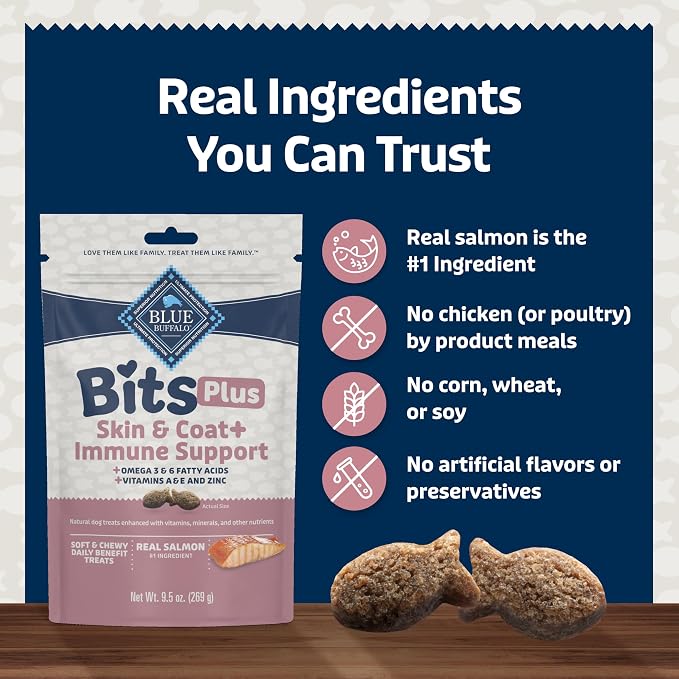 Blue Buffalo Bits Plus Salmon Dog Treats, 9.5 oz | Skin & Coat Health, Omega 3 & 6 Fatty Acids, Vitamin A, E & Zinc for Immune Support
