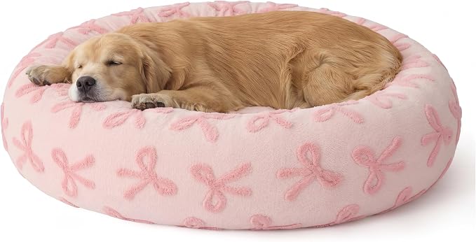 Lesure Shown on TV Jacquard Donut Dog Beds Extra Large,Pink Taffy 42x42x9in | XL Orthopedic Calming Pet Bed Sofa, Original Design Pattern,Washable Cover, Home Decor as Gift for Pet,Anti Slip Bottom