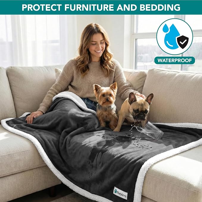 PetAmi Waterproof Dog Blanket for Large Dog Cat Pet, 60x80, Charcoal | 460 GSM Sherpa Fleece Reversible, Pee Proof, Furniture Protector Cover for Couch Sofa Bed Kennel, Washable, Extra Large