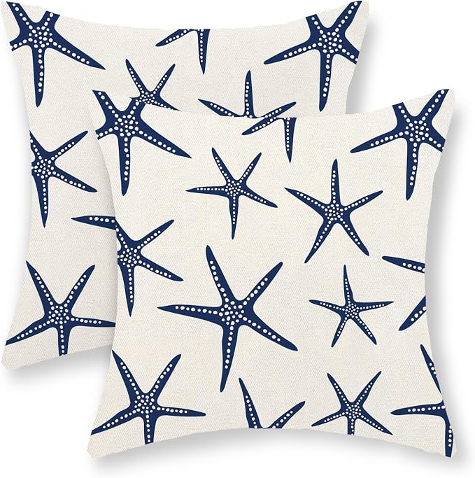 Navy Blue Starfish Pillow Covers 18x18 Inch Set of 2 Coastal Throw Pillows Spring Summer Nautical Ocean Theme Beach Decorative Pillow Cases Linen Outdoor Decor Cushion Case for Home Bedroom