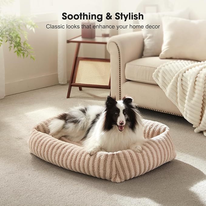 MIXJOY Dog Beds Large Sized Dogs, Washable Dog Bed with Removable Cover, Soft Rectangle Dogs Ded Fluffy Plush Faux Fur Pet Bed with Anti-Slip Bottom, 36"x27"x8", Beige