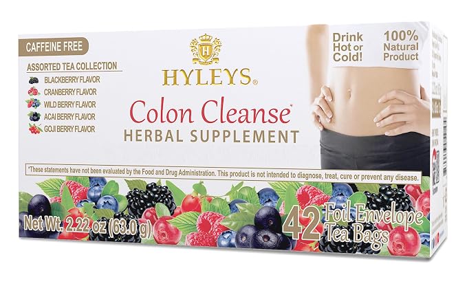 HYLEYS Colon Cleanse Tea, Assorted Flavors - 42 Individually Wrapped Herbal Tea Bags - Caffeine Free, Gluten Free