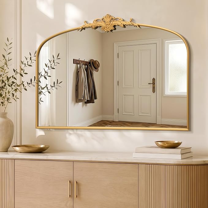 Besdomus Antique Arched Gold Mirror: 55"x36" Extra Large Decorative Mirrors | French Vintage Baroque Ornate Metal Frame for Home Renovation - Ideal for Double Vanity/Entryway/Fireplace Mantel/Living Room