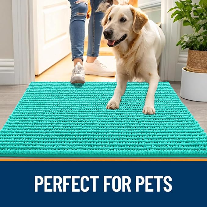 OLANLY Dog Door Mat for Muddy Paws 24x16, Extra Absorbent Chenille Mud Mat | Teal, Absorbs Moisture and Dirt, Non-Slip Machine Washable Doormat, Quick-Drying Indoor Entryway Floor Mat for Dogs