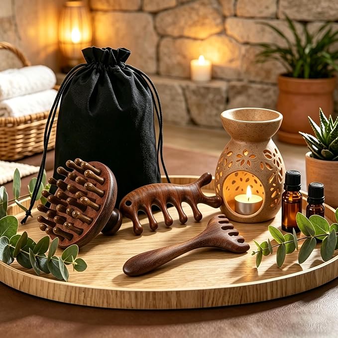 WOVTE 3 Pcs Wooden Head Scalp Massager Comb, Sandalwood Scalp Massager for Hair Growth, Wood Wide Tooth Loc Comb Gua Sha Tool for Women Men, with Gifts Bag