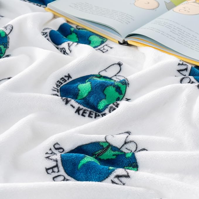 Berkshire Blanket Peanuts® VelvetLoft® Cute Character Snoopy Plush Oversized Throw Blanket, Snoopy Keep it Clean Keep it Green White (50in x 60in)