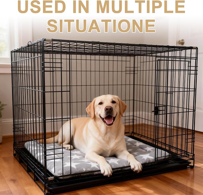 Dog Bed Mat – Soft & Comfortable Dog Kennel Pad for Crate – Durable Crate Bed & Mat for Dogs & Cats – Ideal for Crate, Kennel, and Home Use (Big&Little Stars Grey, L(35"*23"*1.5"))