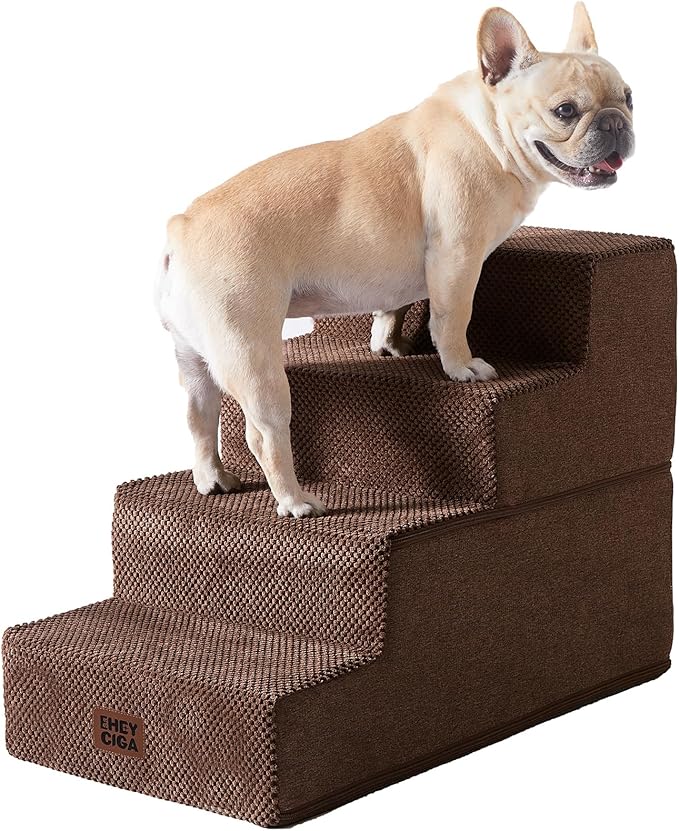 EHEYCIGA Dog Stairs for Bed 18" H, 4-Step Extra Wide Dog Steps for High Bed, Pet Steps for Small Dogs and Cats, Non-Slip Balanced Pet Ramp Indoor, Brown