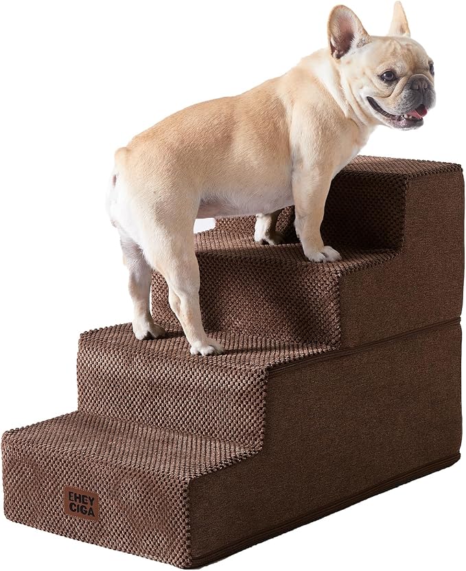 EHEYCIGA Dog Stairs for Bed 18" H, 4-Step Dog Steps for High Bed, Brown | Pet Steps for Small Dogs and Cats, Non-Slip Balanced Pet Ramp Indoor