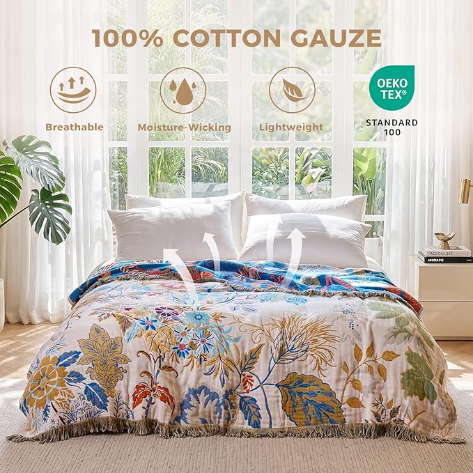 LUTBM Boho Throw Blanket for Bed 60"x80", All Season Cotton Couch Blankets | Reversible Floral Leaves Jacquard, All-Season Twin Lightweight Breathable Quilt, For Chair Sofa Bedroom Living Room Decor