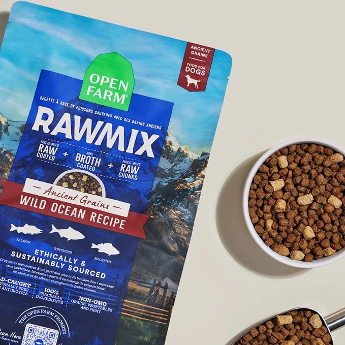 Open Farm RawMix Ancient Grains Dry Dog Food, Wild Ocean Kibble, 3.5lb Bag | Wild-Caught Whitefish, Salmon and Rockfish, Freeze Dried Raw Chunks, 100% Traceable Ingredients, Non-GMO Fruits & Veggies.