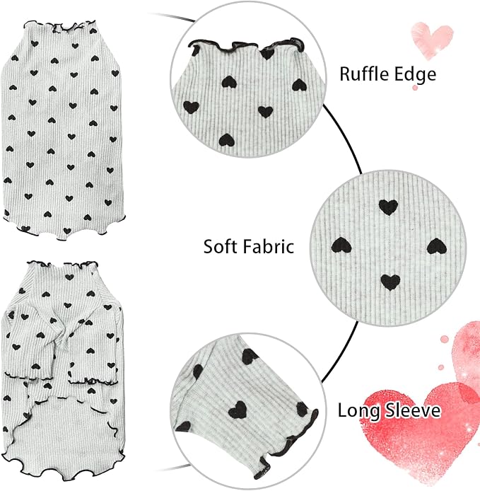 Pet Clothes for Small Dogs Cat Summer Fall Heart Print Shirt Stretchable Ruffle Long Sleeve Outfits for Chihuahua Schnauzer Shih Tzu Yorkie (Grey, Medium)