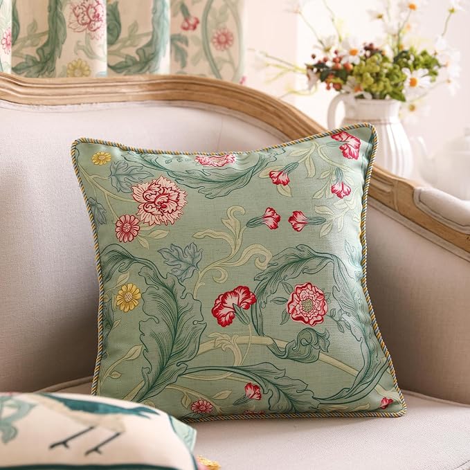patdrea Designer French Vintage Linen Throw Pillow Cover,18"x18"-Cecilia B | Decorative Pillow Case with Zipper,Green Floral Pattern,Cushion Coverfor Couch Living Room Bedroom Sofa
