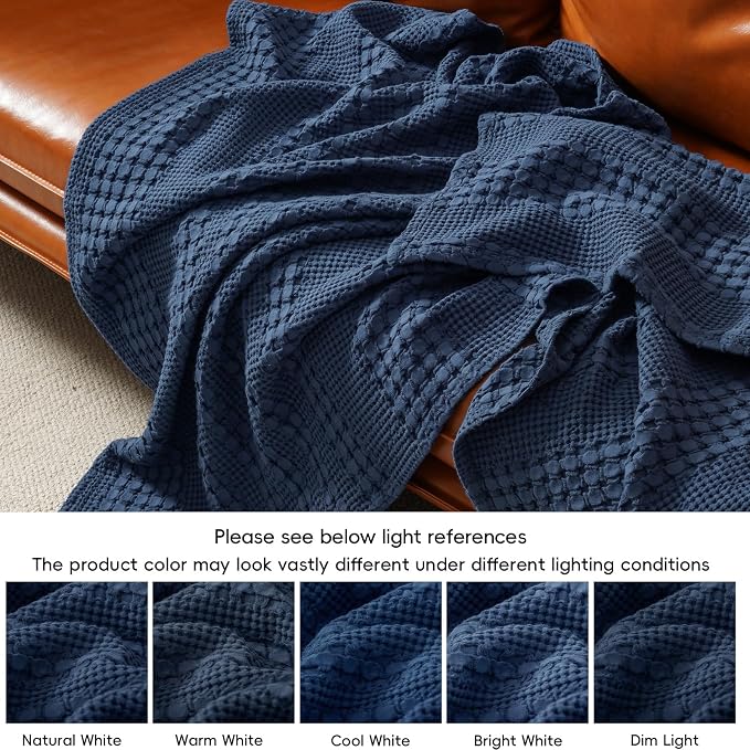 PHF 100% Cotton Waffle Weave Throw Blanket, Lightweight Breathable Summer Blanket for Couch Sofa, Pre-Washed Soft Throws for Bed, Office, Travel & Stylish Home Decor, 50"x60", Bright Navy
