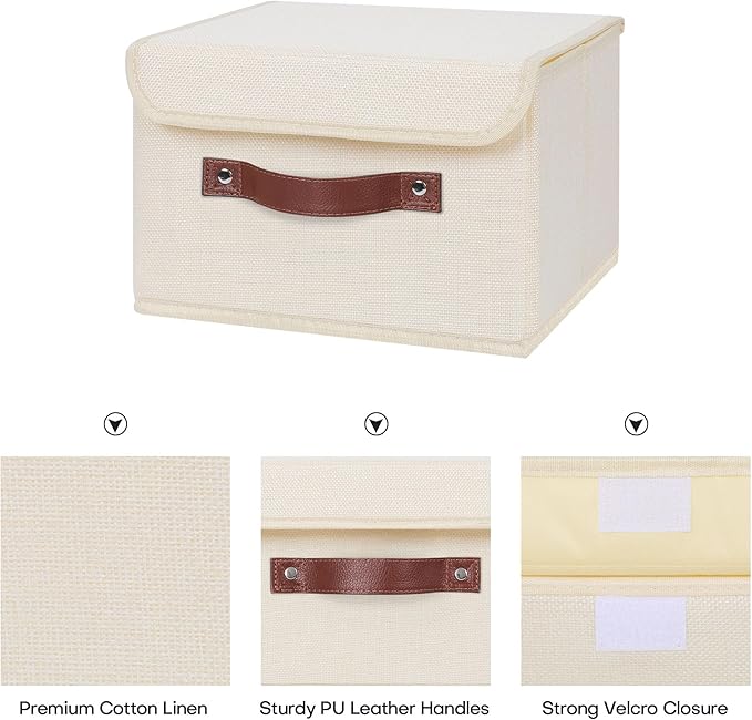 ANMINY Fabric Storage Box Bins with Lids, Beige, 10"x8"x7", 4 Pack | Keepsake Memory Storage, Cotton Linen, PP Board Reinforced, Washable, PU Handles, Foldable & Stackable, Decorative, Small