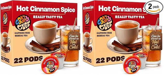 Crazy Cups Hot Cinnamon Spice Herbal Tea Pods, 22 Count | Caffeine Free, Kosher Certified, Warming Cinnamon & Star Anise Blend, K Cup Compatible Pods, Bold Spiced Flavor, Gluten Free, Vegan, Hot or Iced Herbal Tea