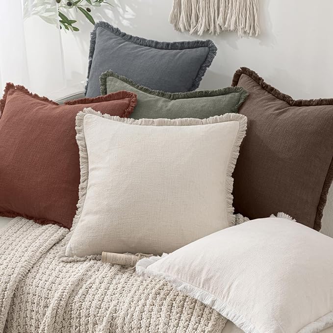 MIULEE Boho Linen Fringe Decorative Throw Pillow Covers Grey 18x18 | Set of 2, Cottagecore Decor, Boho Farmhouse Neutral Pillow Covers, Rustic Couch Cushion Cases for Sofa Bed Living Room