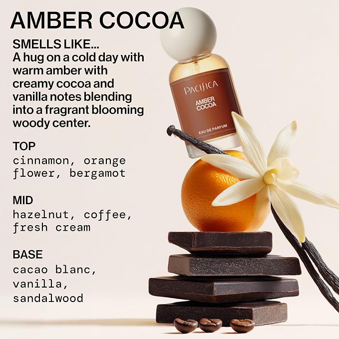 Pacifica Amber Cocoa Eau de Parfum – Warm Spiced Gourmand Perfume for Women with Cinnamon, Coffee, Vanilla & Sandalwood, Long Lasting, Vegan, Cruelty-Free, Paraben-Free, 1 fl oz