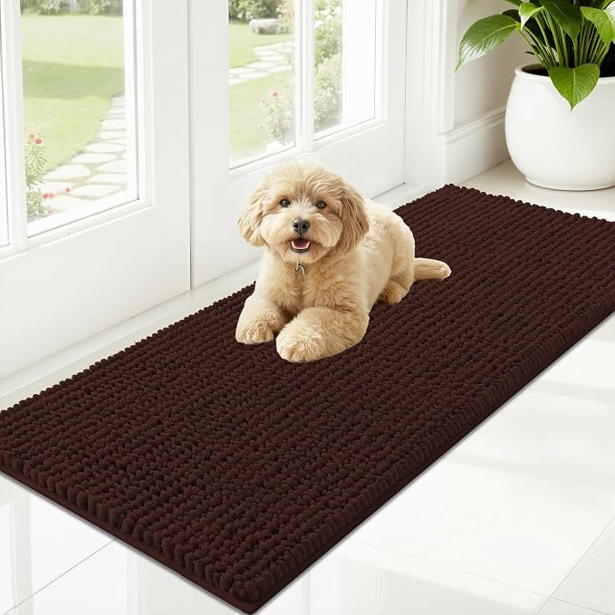 OLANLY Dog Door Mat for Muddy Paws 47x20, Extra Absorbent Chenille Mud Mat | Brown, Absorbs Moisture and Dirt, Non-Slip Machine Washable Doormat, Quick-Drying Indoor Entryway Floor Mat for Dogs