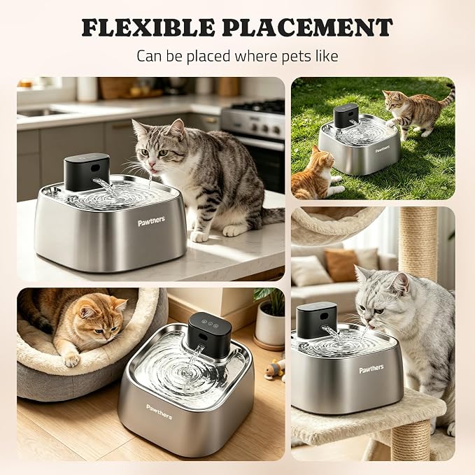 Pawtners Pumpless Cat Water Fountain Stainless Steel 108oz/3.2L, 3 Modes | Automatic Cordless Pet Water Dispenser,Easy Clean,Silent Smart Host,150°Sensor,Motion/Timed/Continuous Mode