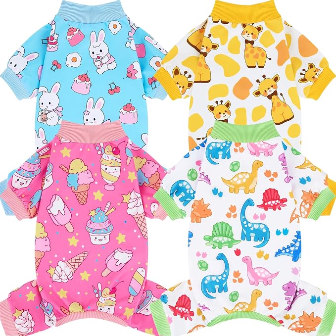 XPUDAC 4 Pack Dog Pajamas for Small Medium Dogs Soft Pet Pjs Onesies, XXL | Stretchy, Breathable, Cute, Sleepwear, Gentle on Skin, Dog Recovery Suit, Shedding Suit, All Seasons