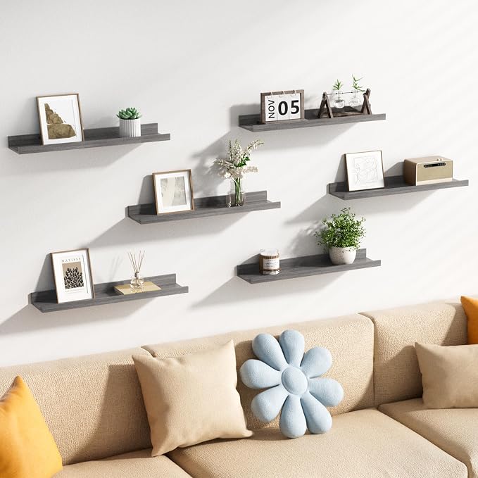 upsimples Floating Shelves for Wall Decor and Storage, Grey, 6Pcs 23.6'' | Wall Mounted Wood Shelves for Living Room, Bedroom, Bathroom, Kitchen, Office, Nursery Room, Coffee Bar Display and Organize