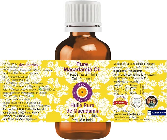 dève herbes Pure Macadamia Oil (Macadamia ternifolia) Cold Pressed 5ml (0.16 oz)