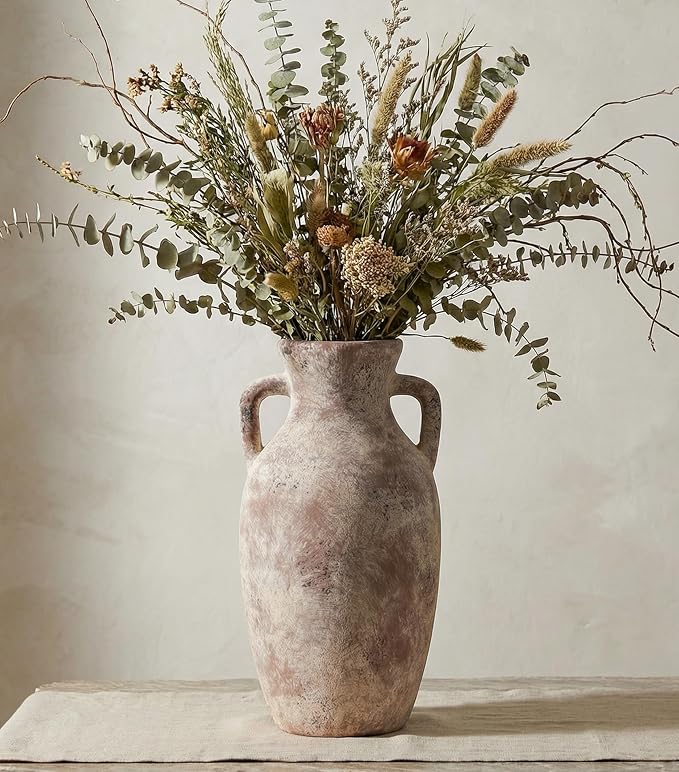 Ceramic Flower Vase with Handles,12" Neutral Tall Clay Terracotta Vases Farmhouse Table Vases with Handle Living Room Decor Rustic Pottery Pots for Home Shelf Coffee Dining Desk Fireplace