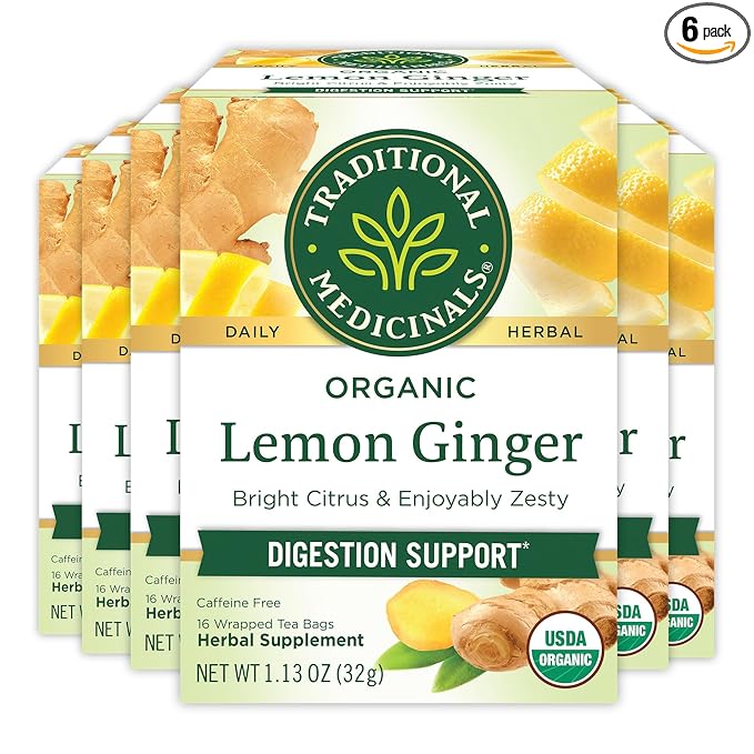 Traditional Medicinals Organic Lemon Ginger Herbal Tea, Promotes Healthy Digestion, Kosher, Non-GMO, Caffeine-Free, Compostable - 96 Count (Pack of 6)
