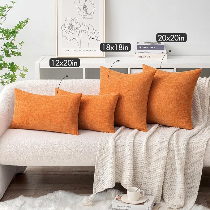 MIULEE Soft Chenille Fall Lumbar Throw Pillow Covers Orange 12x20 Inch | Pack of 2, Modern Fall Decor, Classic Decorative Pillows, Solid Dyed Cases, Couch Cushion Covers for Sofa Bed Living Room