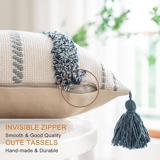 BUIOVBEY Boho Throw Pillow Covers Woven Tufted Pillow Cases with Tassels | Farmhouse Pillow Covers 12x20 Set of 2 Textured Striped Cushion Case Neutral Decorative Pillowcase for Sofa Couch Dark Blue