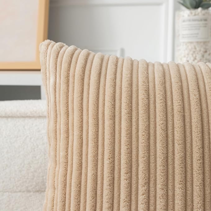 UGASA 14x24 Inch Pillow Cover Pack of 1 Soft Boho Stripe Corduroy Long Rectangular Lumbar Cushion Cover Farmhouse Decorative Throw Pillowcase for Bed, Couch, Sofa, Bedroom, Living Room, Beige
