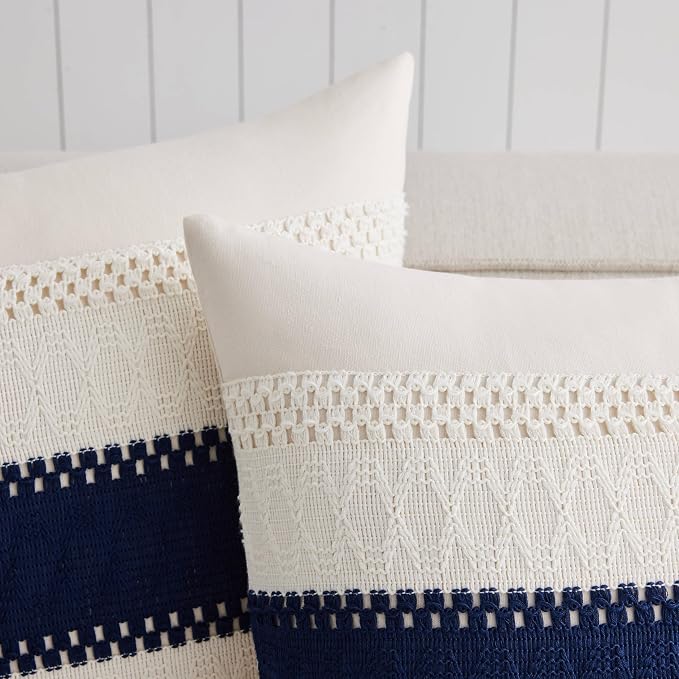 2 Pack Boho Throw Pillow Covers, Contrast Navy Blue 24x24in | Soft Breathable Cotton, Farmhouse Decorative Couch Pillow Cases, Cushion Covers for Sofa Bed Living Room Home Decor