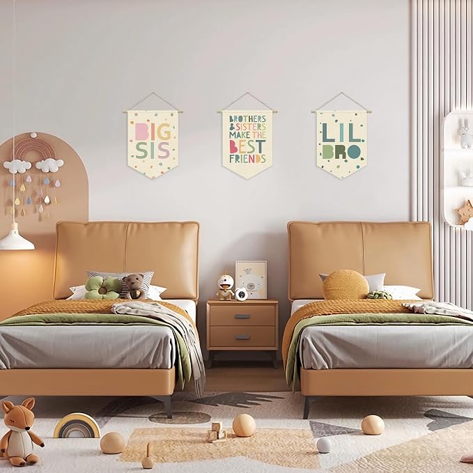 Boy Nursery Decor Canvas Banner, Brothers Playroom Wall Art Decorations, Boho Twin Room Sign, Lil Bro Big Bro, Sage Green Blue Kids Room Sibling Wall Hanging Pennant Flag Banner