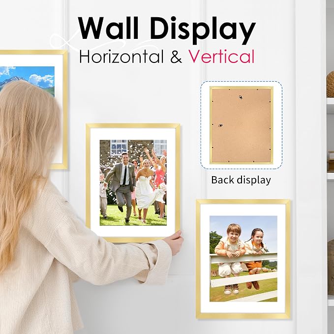 11x14 Picture Frame Set of 2, Photo Frame with HD Plexiglass, Display Pictures 8x10 with Mat or 11x14 Without Mat, Gold Picture Frames Collage Wall Decor, Gallery Wall Frame