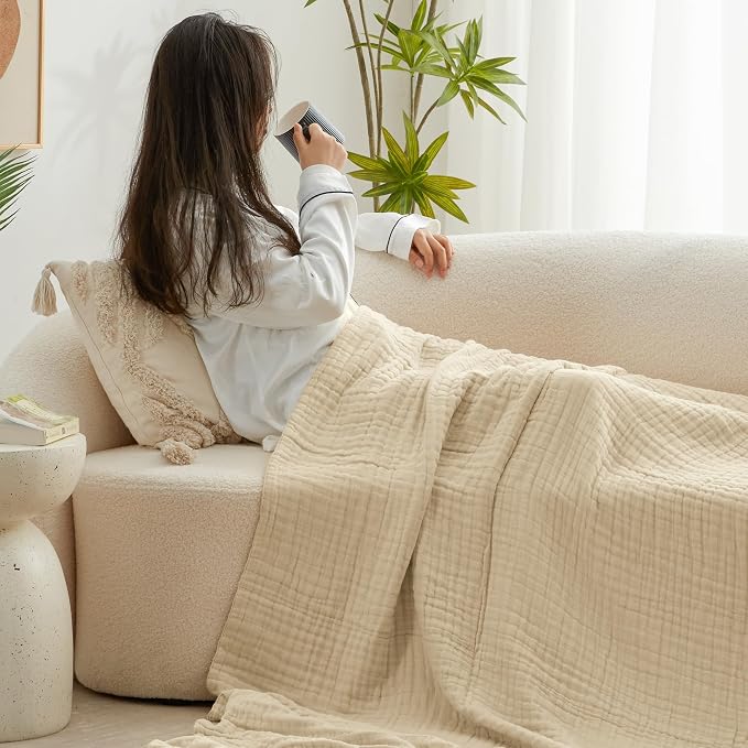 Love's cabin 100% Cotton Muslin Blanket, 6 Layer Lightweight Breathable Gauze Throw Blanket 50 x 60 Inches, Soft All Season Blanket for Couch, Bed, Sofa, Khaki