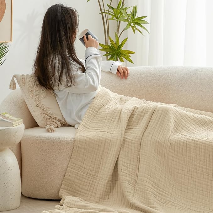 Love's cabin 100% Cotton Muslin Blanket, 6 Layer Lightweight Breathable Gauze King Size Blanket 108 x 90 Inches, Soft Summer Blanket for Bed, Khaki