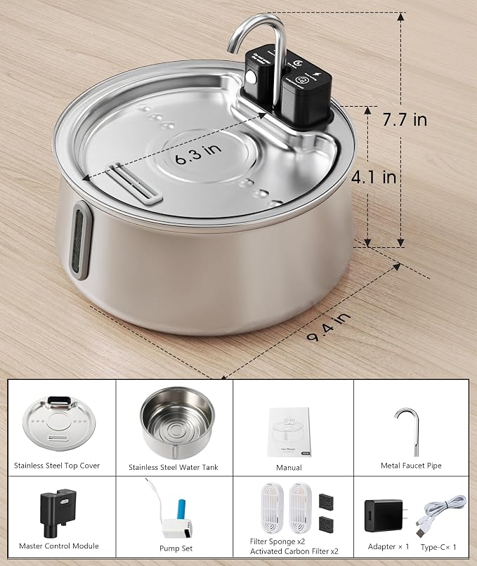 CEESC Cordless Cat Water Fountain, Stainless Steel, 4L/135oz for Cats/Dogs | Motion sensor, Long-Lasting 4000mAh, automatic pet water dispenser, 4-stage filtration, ultra-quiet pump, indoor
