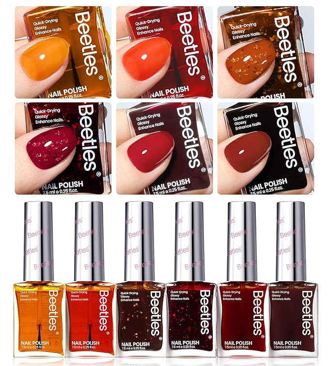 Beetles Spring Nail Polish Set - Golden Harvest 6 Colors Quick Drying Long-Lasting Burgundy Red Brown Jelly Glitter Spring Nail Polish for DIY At-Home Manicure Spring Gift for Women
